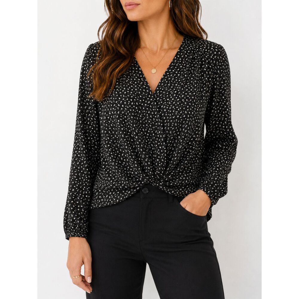Lucky Brand Black Speckled Wrap Blouse Women's Small Workwear Top